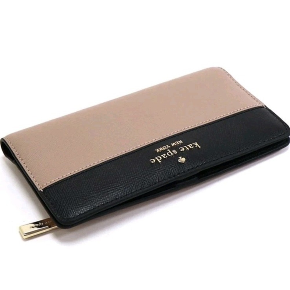 Kate Spade New York Bifold Long Wallet Bicolor Pink Black Leather Zip